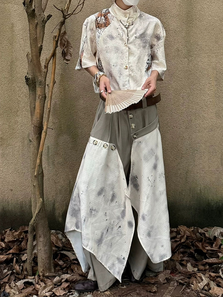 Chinese Style Jacquard Hollow Texture Stand Neck Short Sleeve Shirt