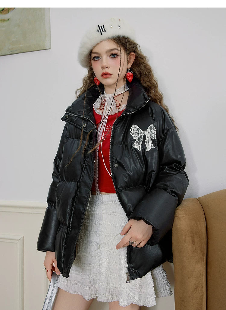Fake PU Leather Stand Neck Lace Patchwork White Duck Down Jacket