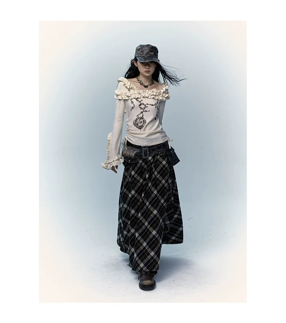 Ruffle Print Flare Sleeve Long Sleeve T-Shirt