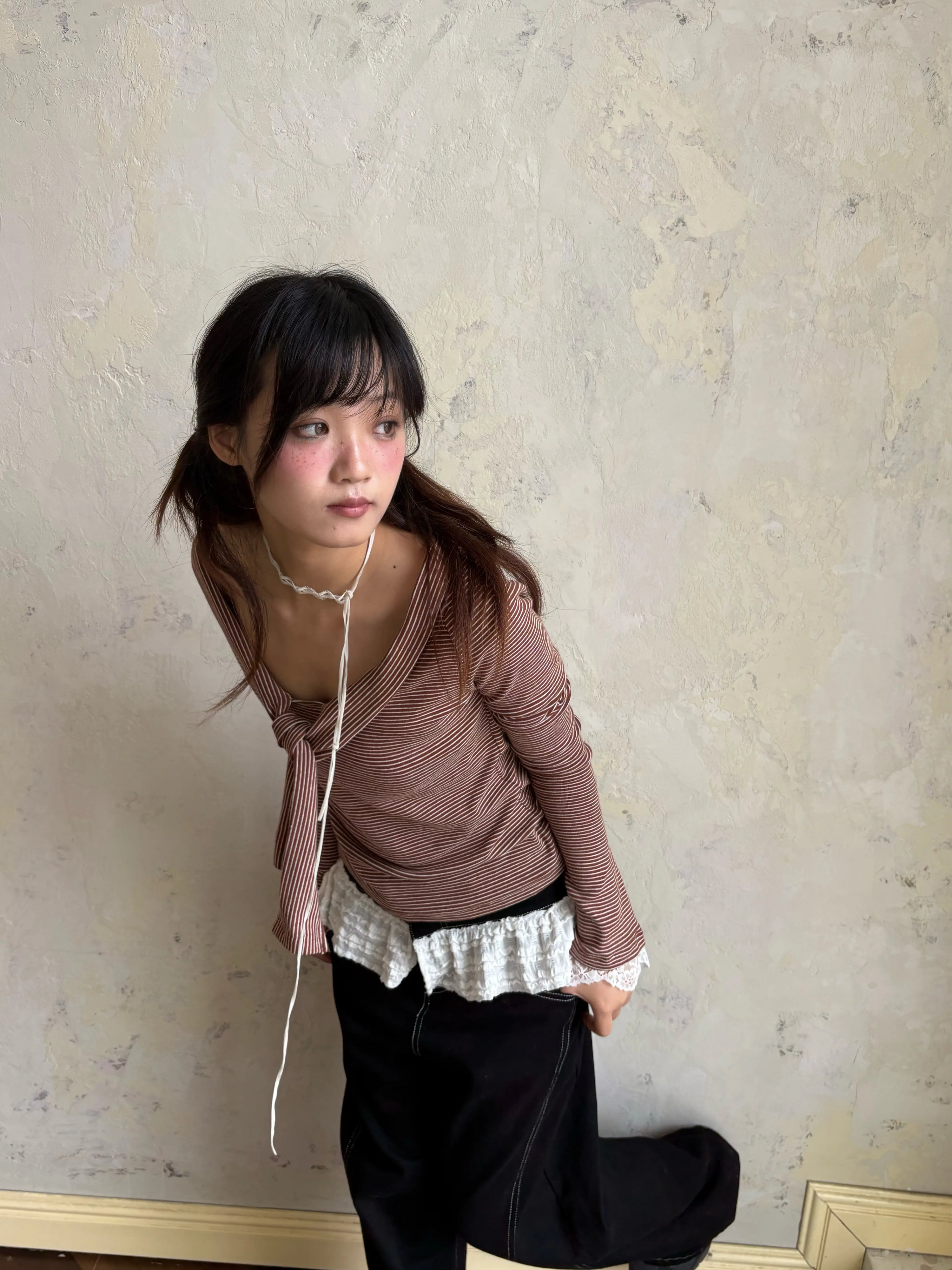 Striped Lace Trim Tie Detail Long Sleeve T-Shirt