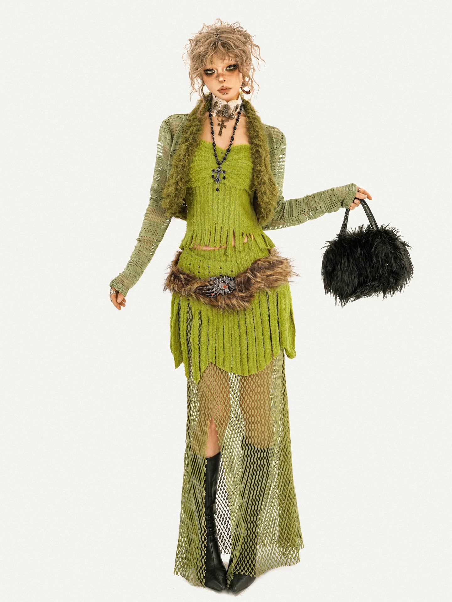 Fake Fur Patchwork Mesh Knit Cardigan & Tube Top & Mesh Long Skirt Setup
