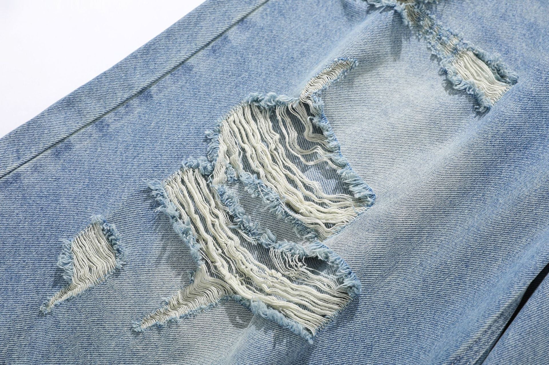 Wash Damage Straight Wide Leg Denim Jeans