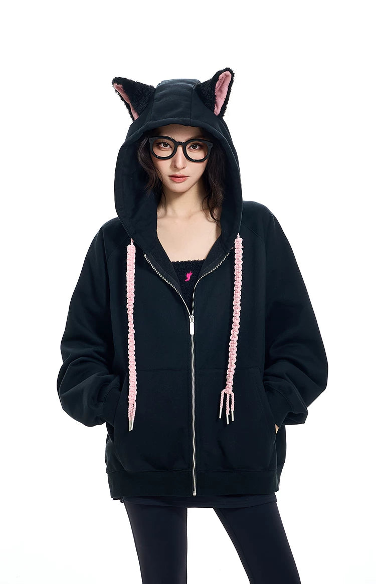 Ear Fleece Oversize Zipper Hoodie
