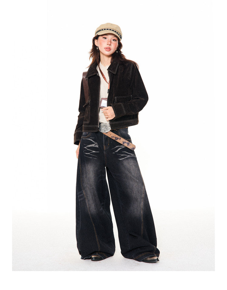 Washed Scratch Detail Wide Leg Denim Jeans