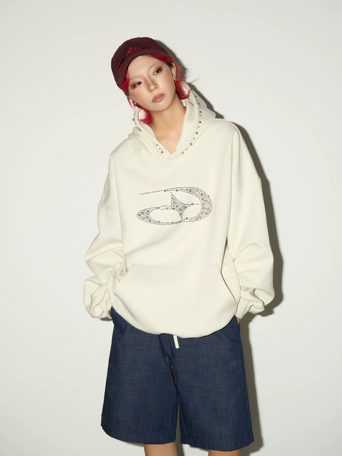 Studded Beaded Design Oversize Pullover Hoodie