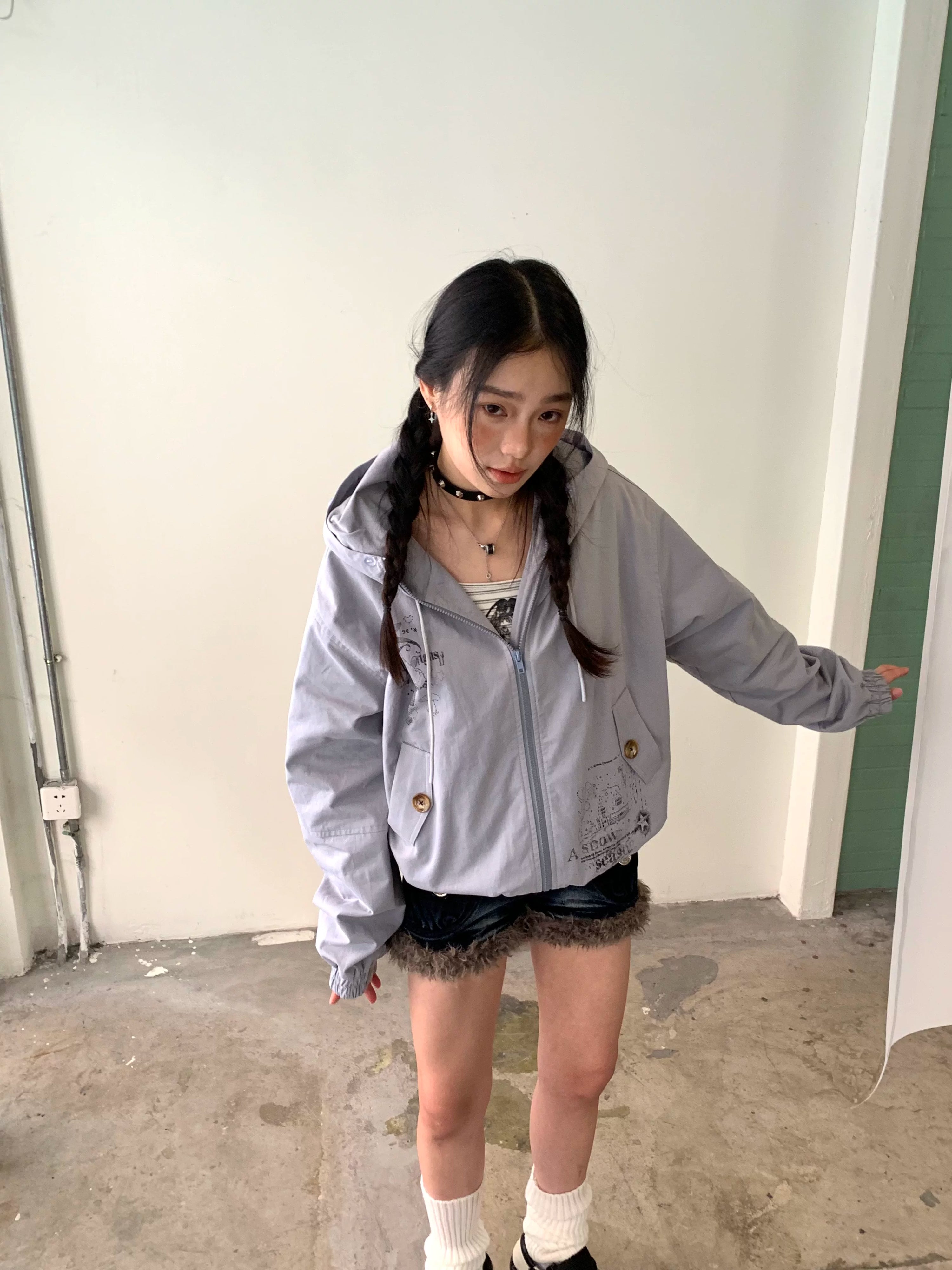 Fake Fur Trim Graphic Print Oversize Hooded Jacket