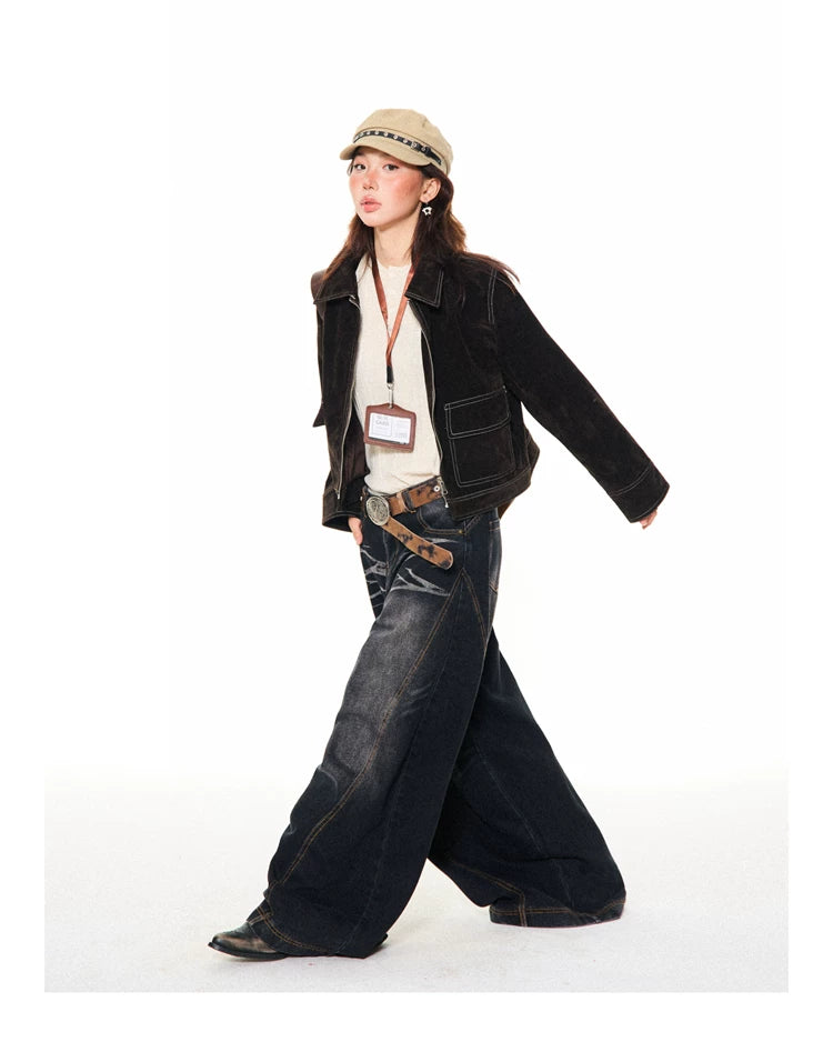 Washed Scratch Detail Wide Leg Denim Jeans