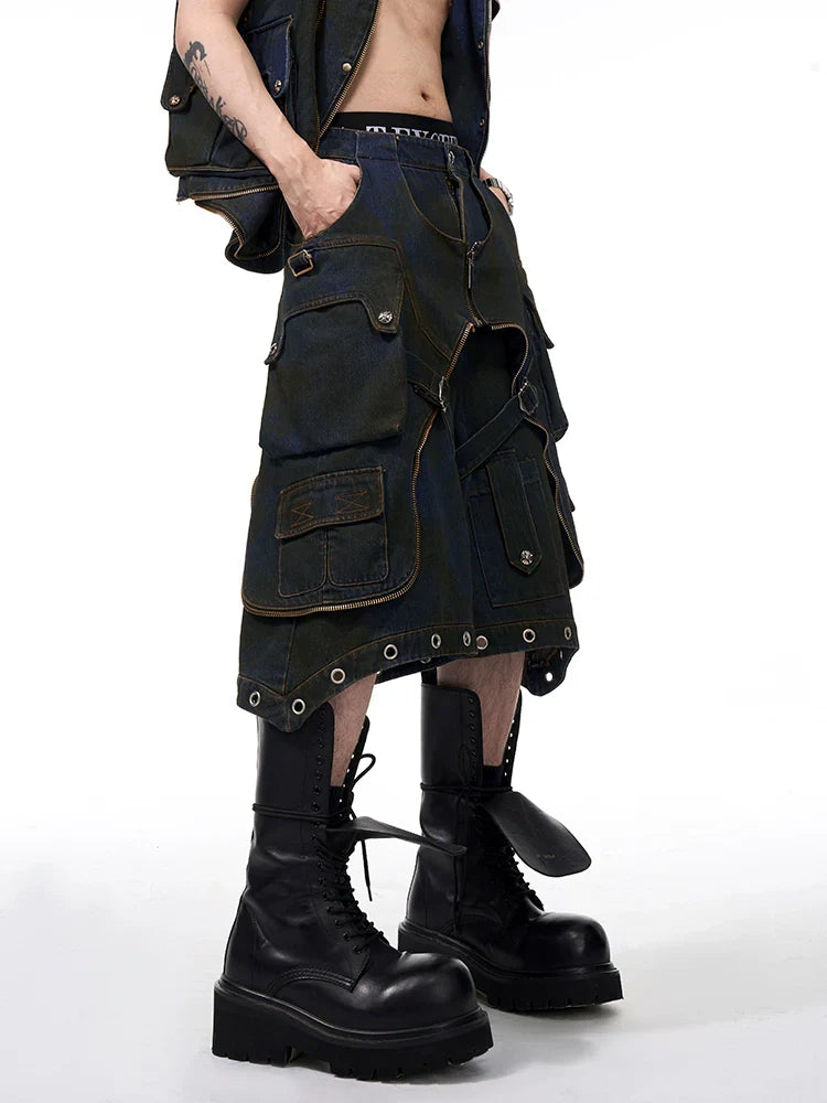 Hooded Wash Denim Vest & Cargo Short Setup