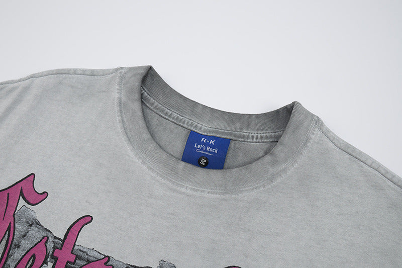 Washed Portrait Letter Print Short Sleeve T-Shirt