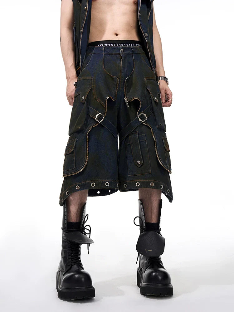 Hooded Wash Denim Vest & Cargo Short Setup