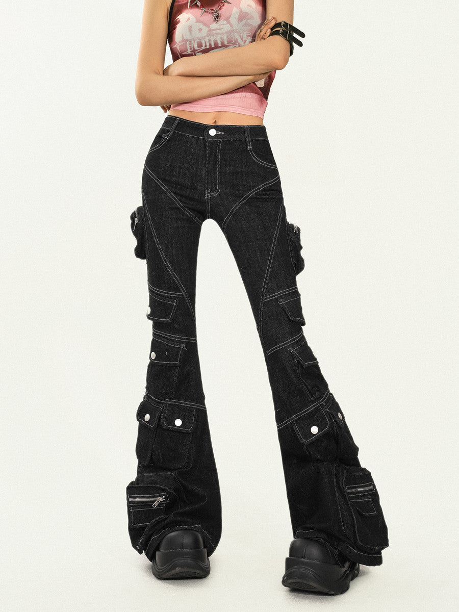 Utility Multi-Pocket Flare Cargo Denim Jeans