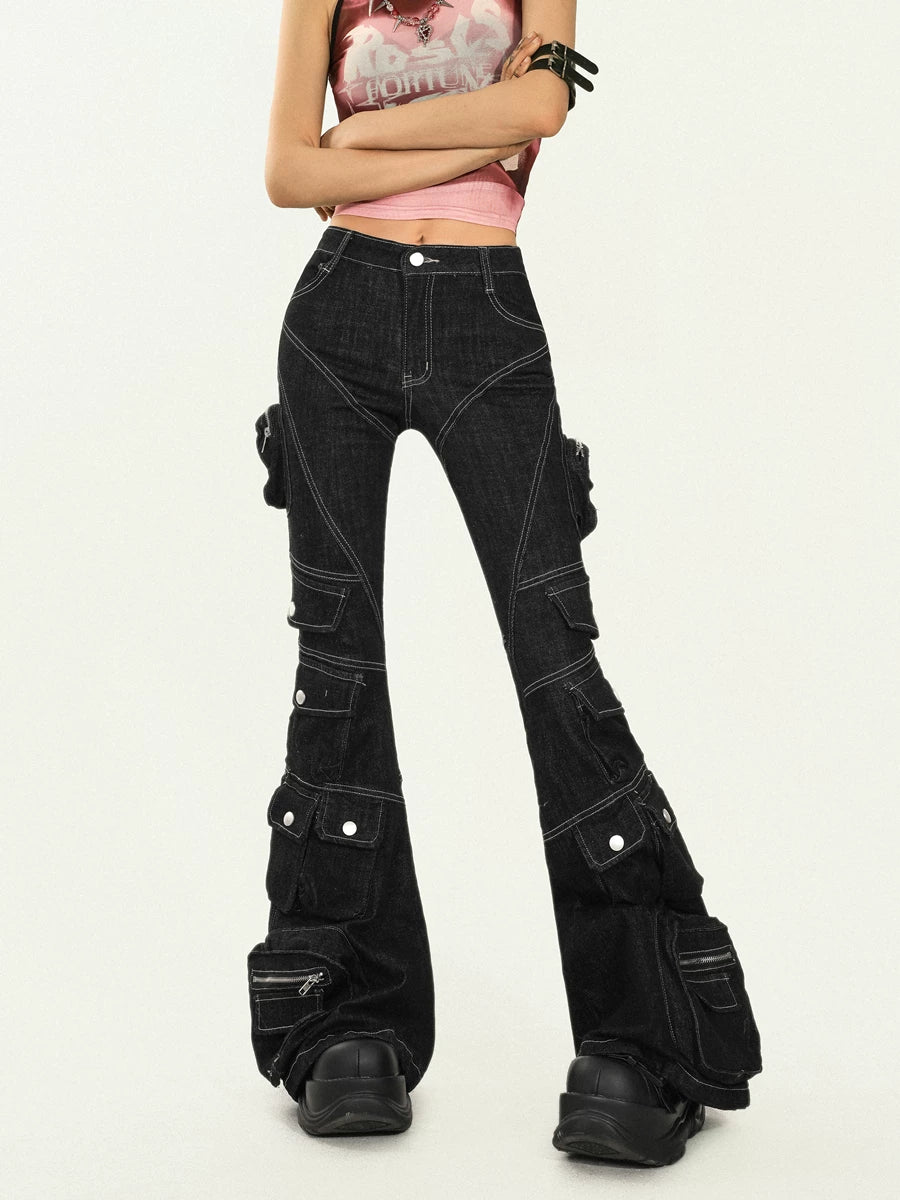 Utility Multi-Pocket Flare Cargo Denim Jeans
