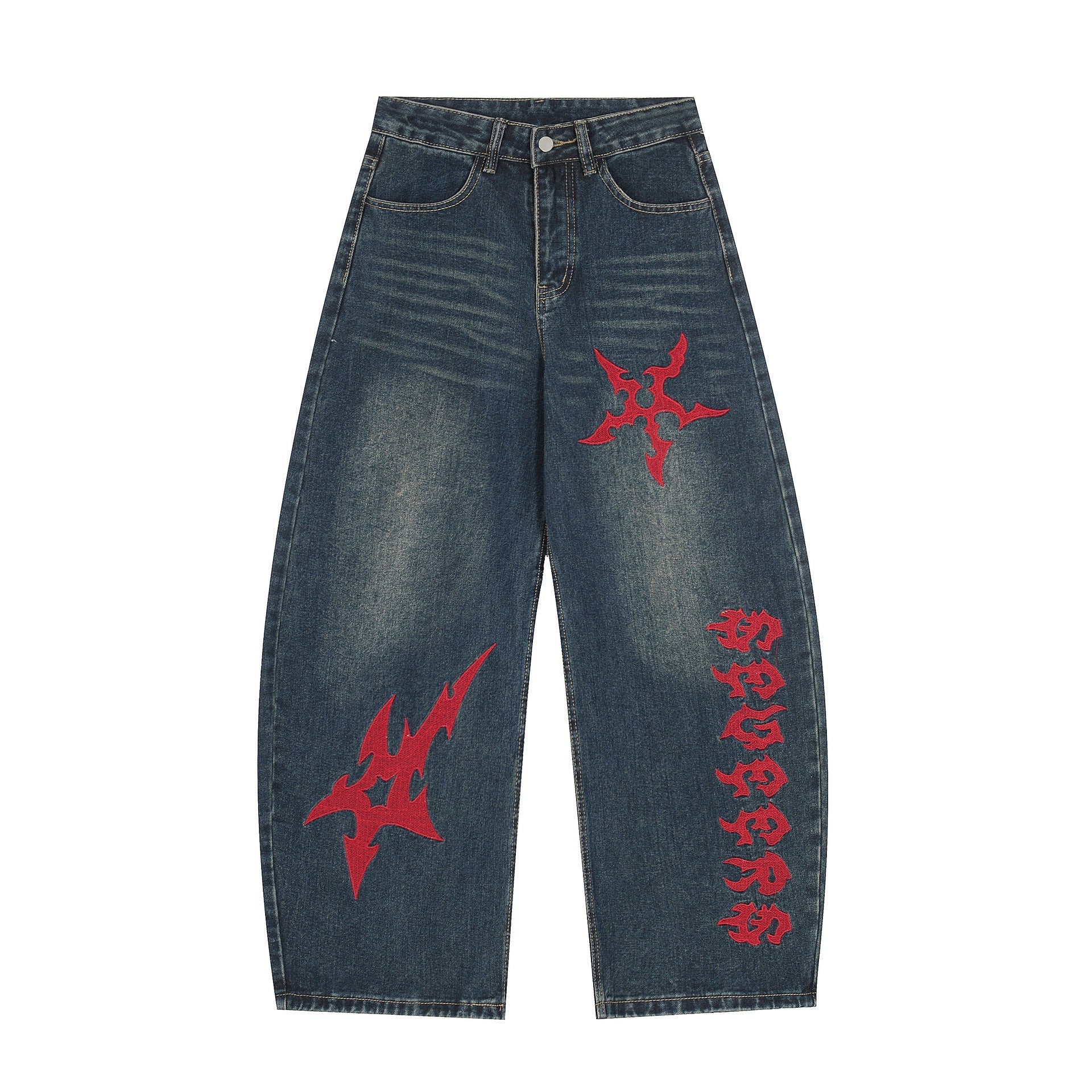 Washed Tribal Print Wide Leg Denim Jeans
