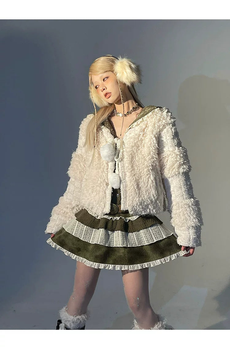 Fleece Lining Soft Fuzzy Knit Cardigan & Half Skirt Setup