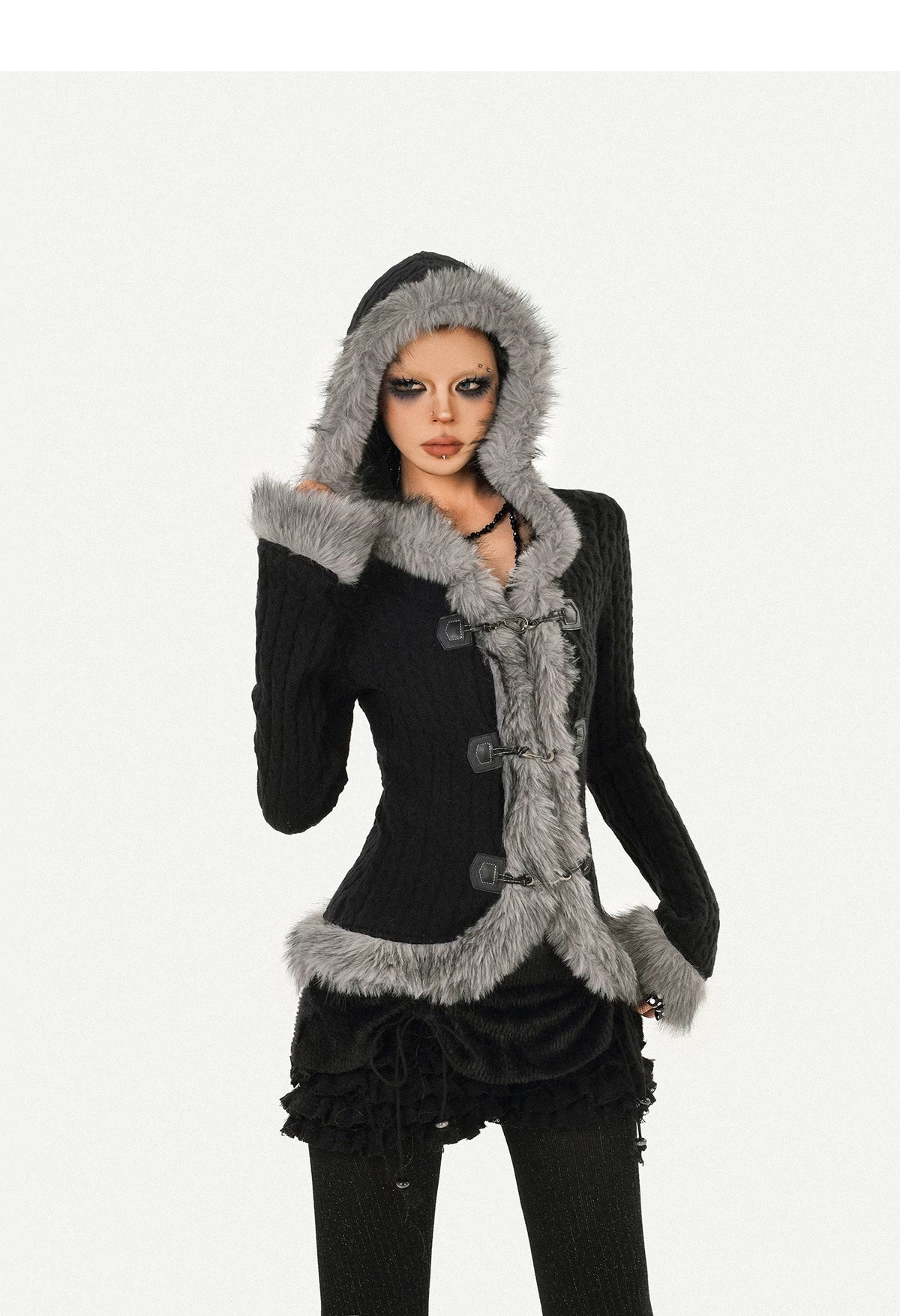 Hooded Fur Collar Fitted Knit Cardigan