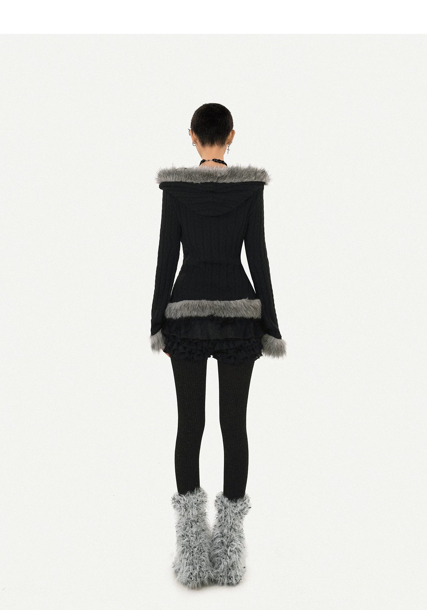 Hooded Fur Collar Fitted Knit Cardigan