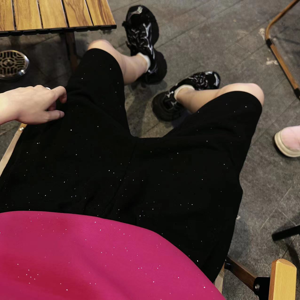 Rhinestone Star Terry Elastic Waist Short Pants