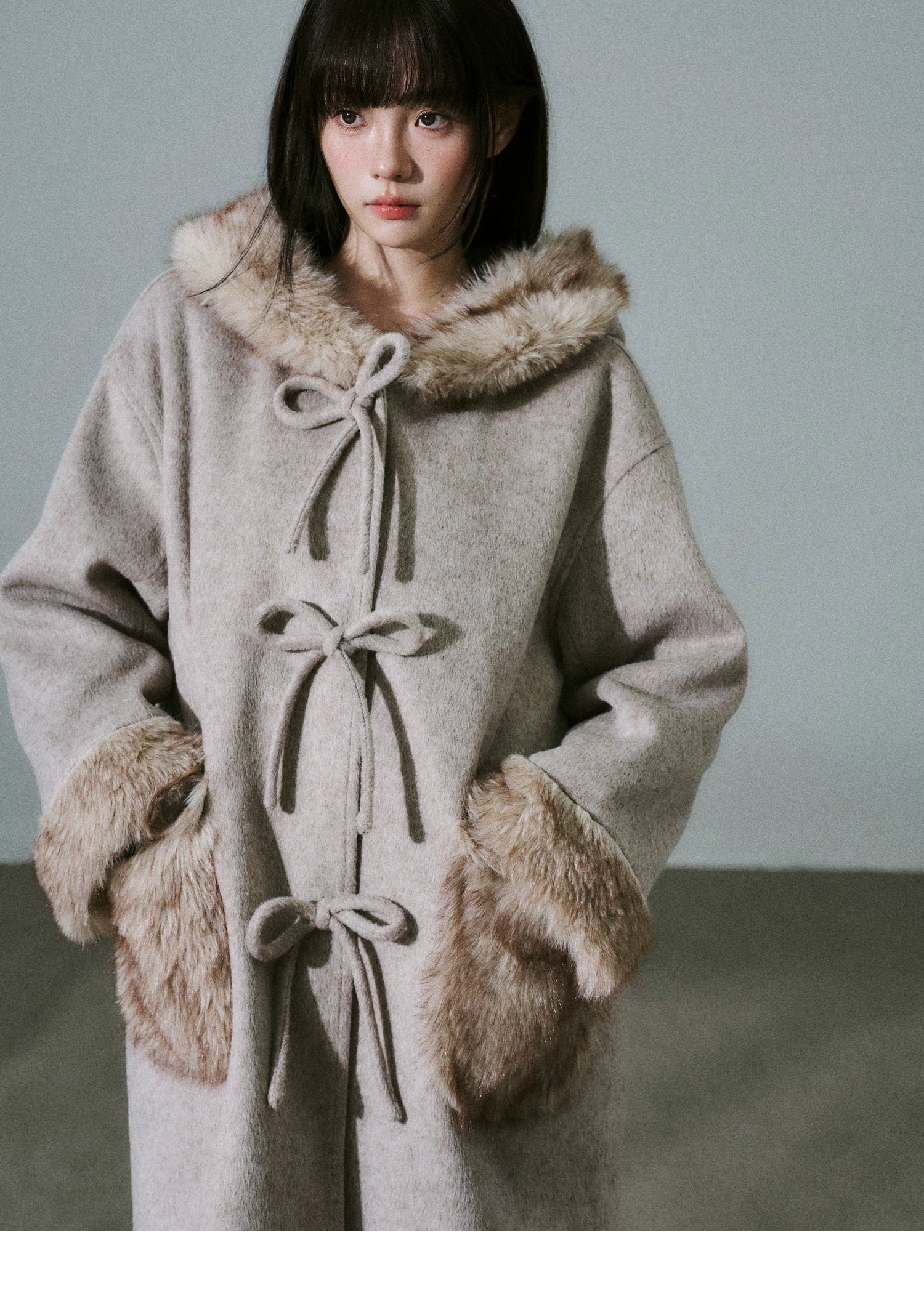 Bow Detail Fake Fur Trim Coat