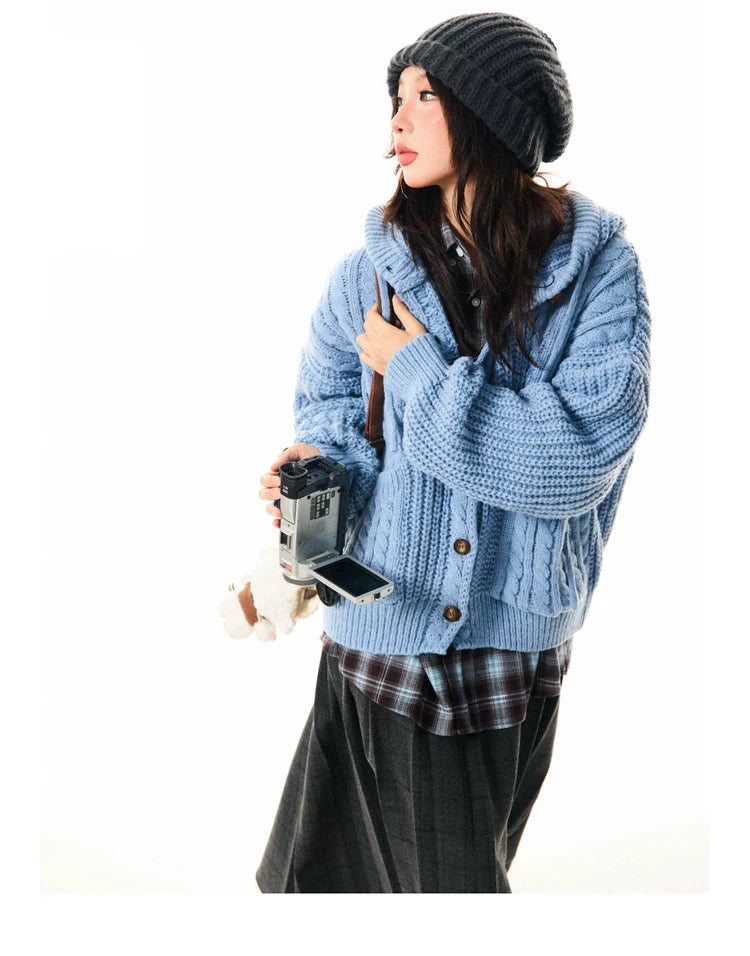 Hooded Button Oversize Cable Knit Cardigan