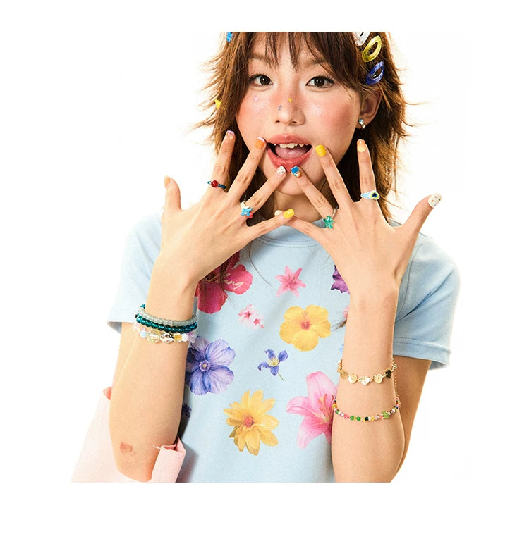 Flower Print Cropped Short Sleeve T-Shirt