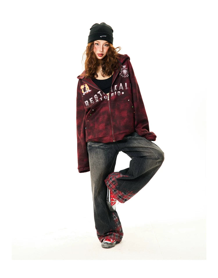 Tie-Dye Letter Print Oversize Zipper Hoodie