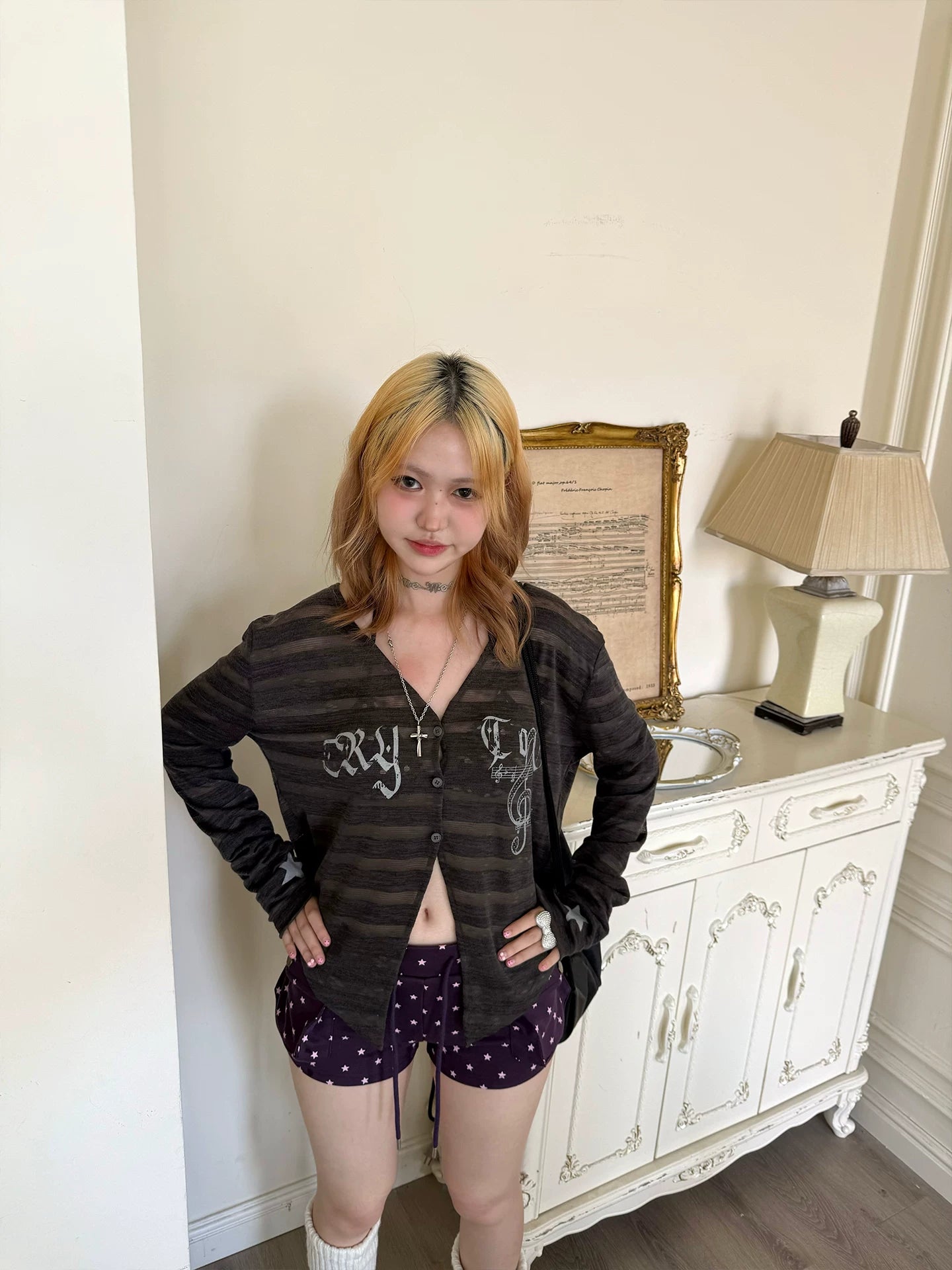Striped Note Print Star Print Cardigan