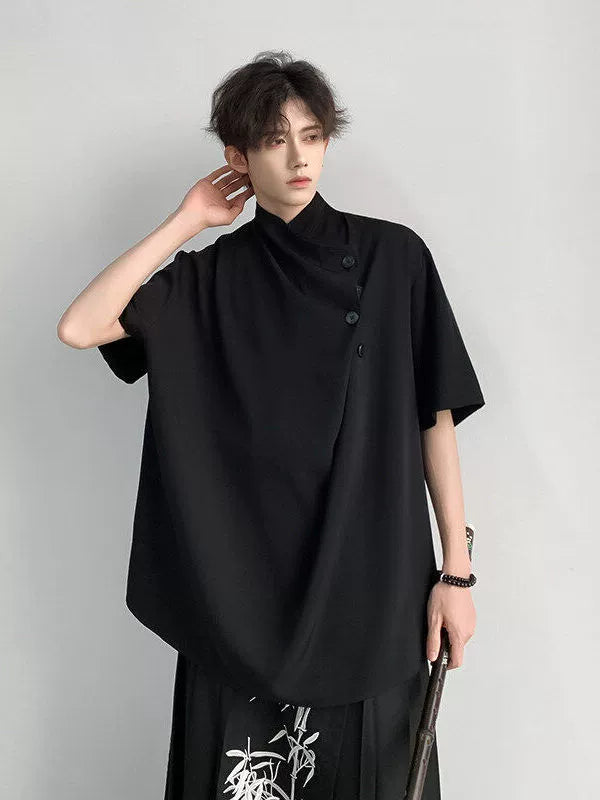Chinese Style Asymmetrical Button Short Sleeve Shirt