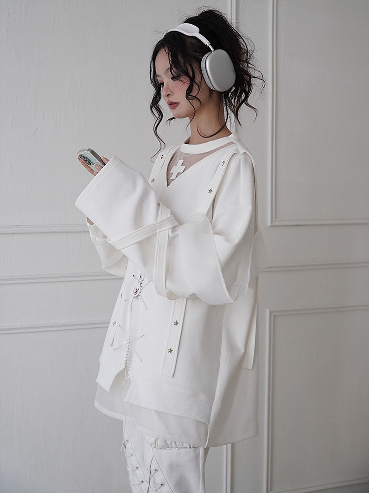 Star Design Sheer Embroidery Pullover Sweatshirt