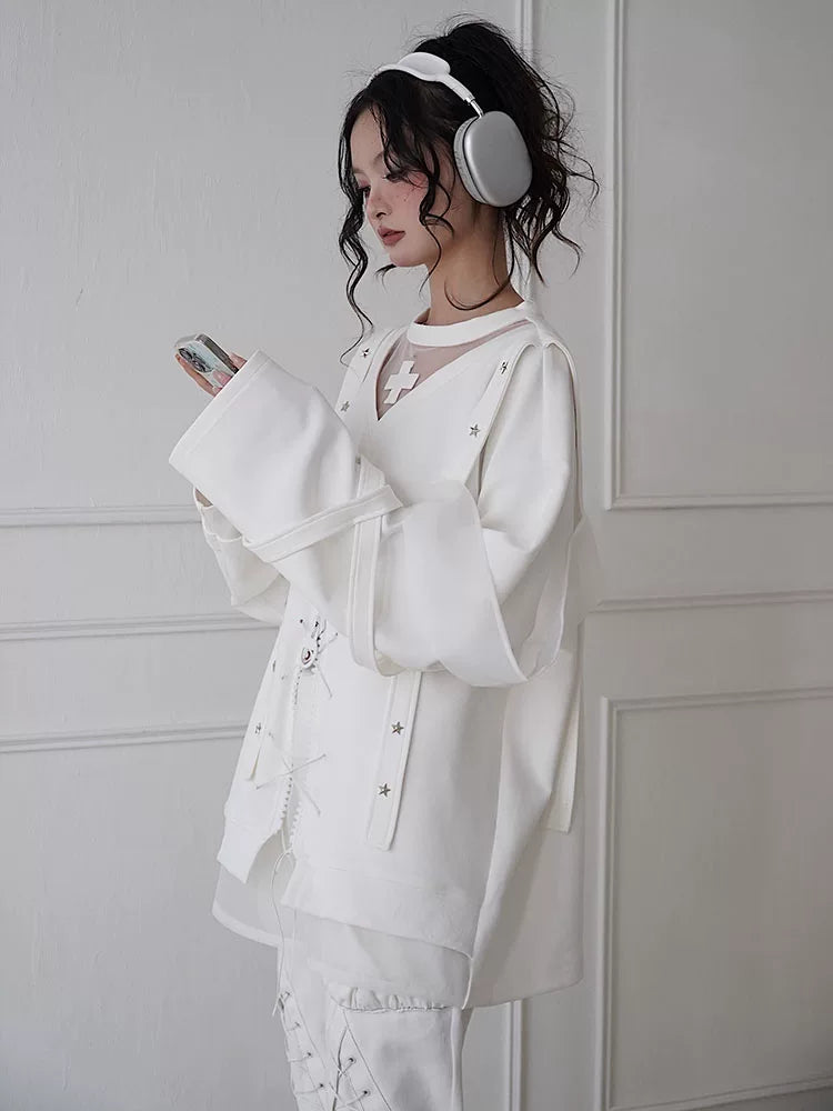 Star Design Sheer Embroidery Pullover Sweatshirt