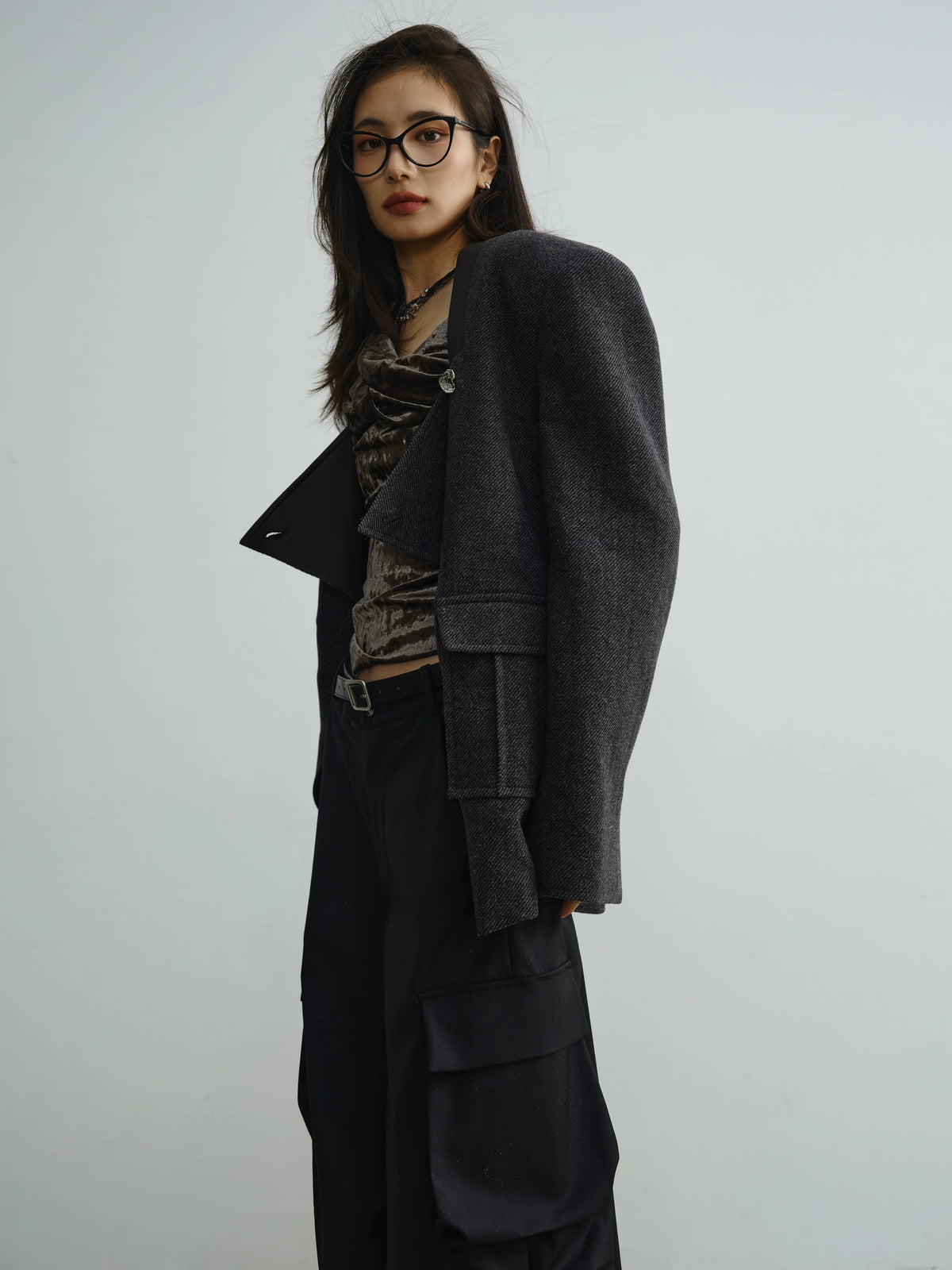 Low Neckline Diagonal Placket Jacket