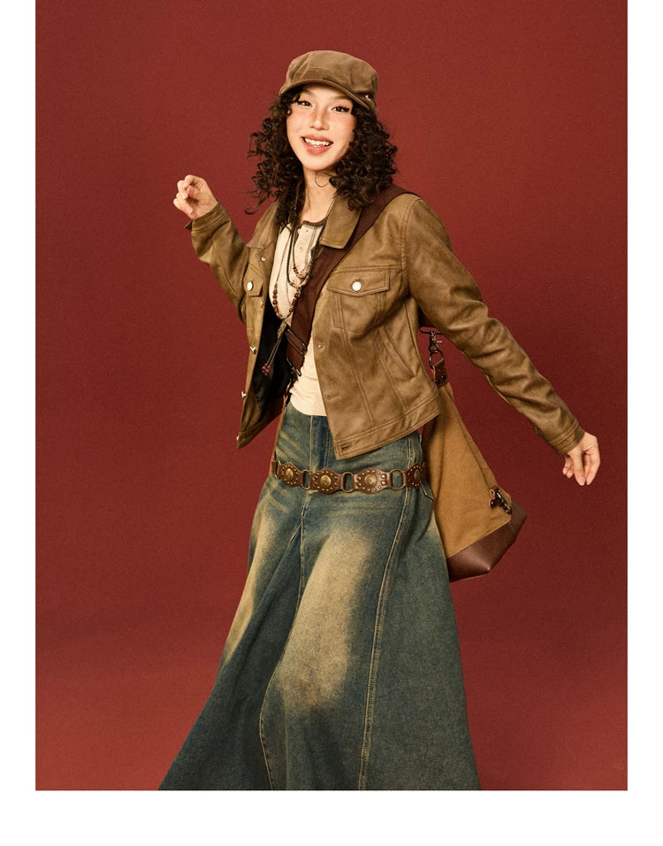 PU Leather Standing-Collar Short Jacket