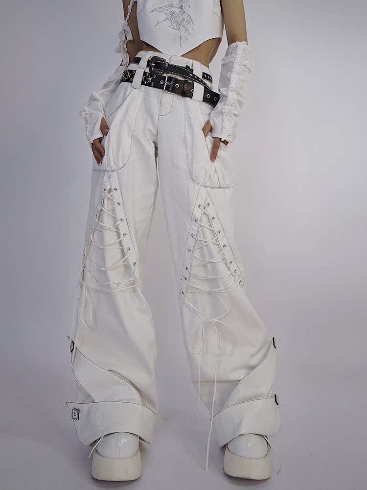 Tie-Strap Double-Waist Wide Leg Denim Jeans & Belt