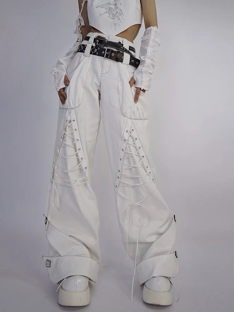Tie-Strap Double-Waist Wide Leg Denim Jeans & Belt