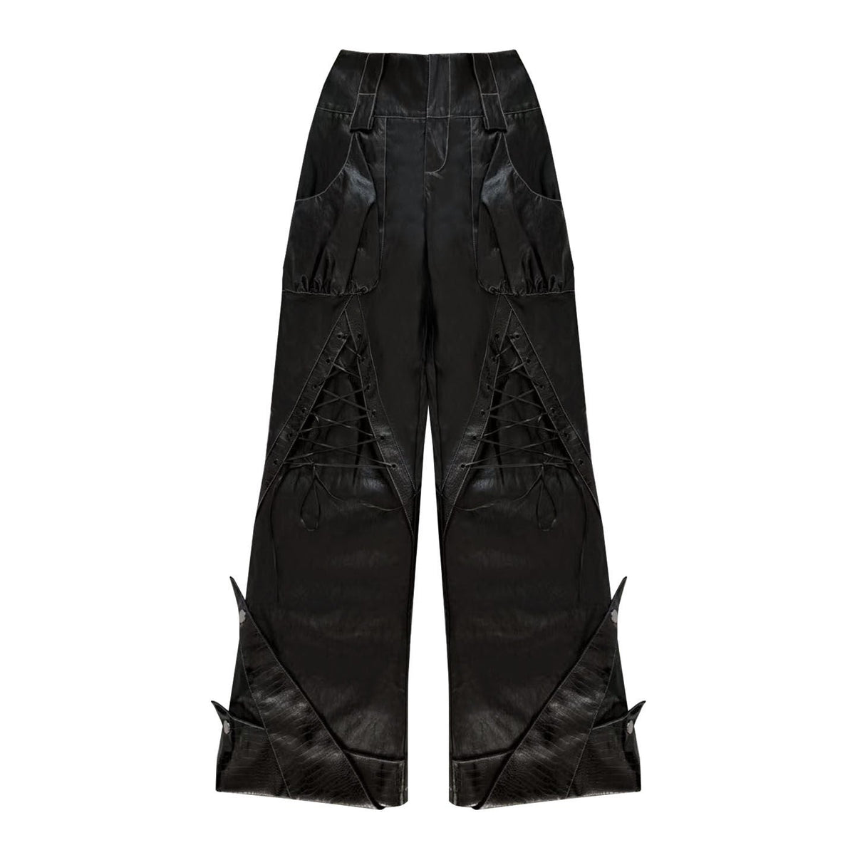 Original Design Lace-Up Double Waistband Structural PU Leather Pants