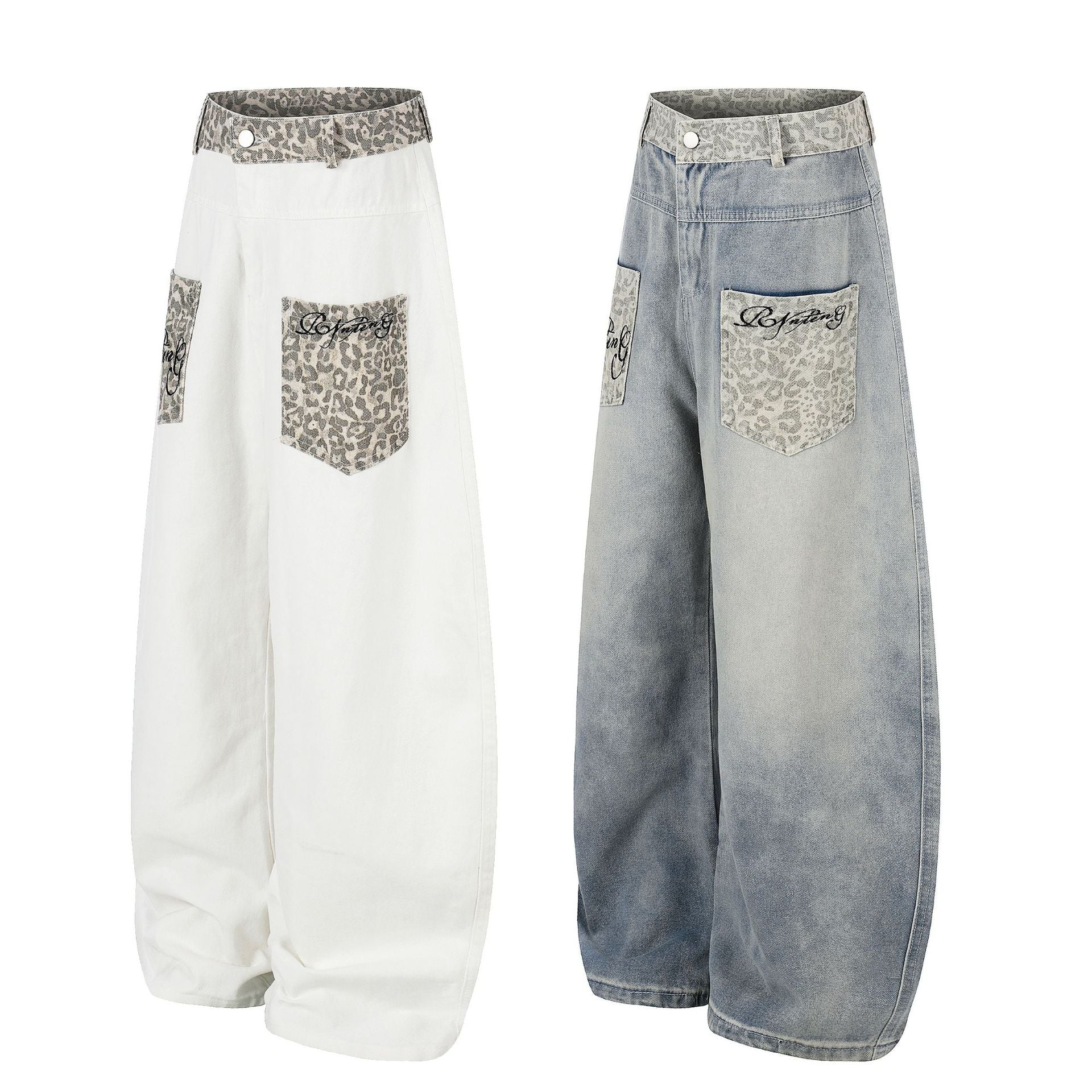 Leopard Print Curved Wide Leg Denim Jeans