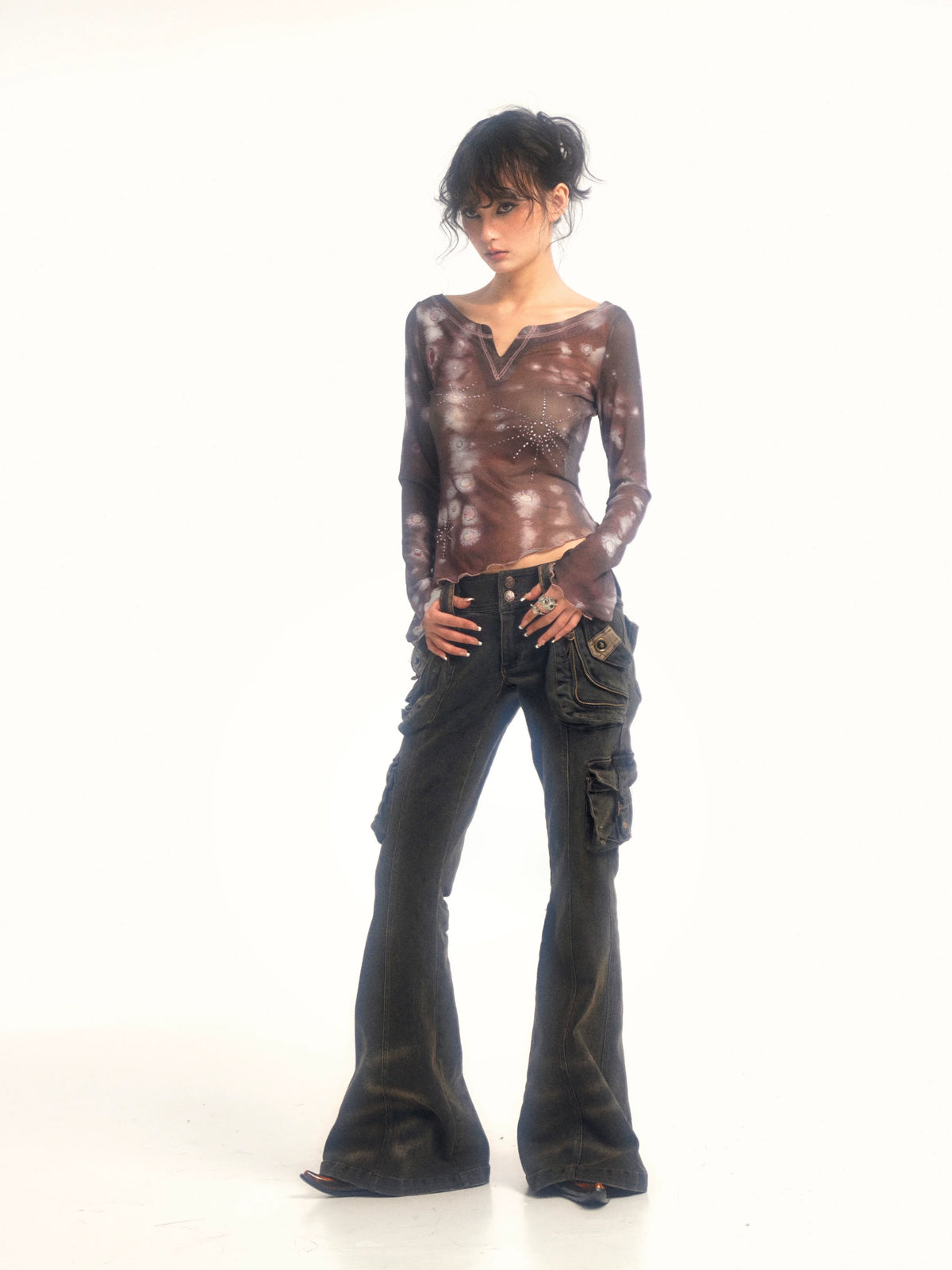 Multi-Pocket Stretch Flare Denim Pants