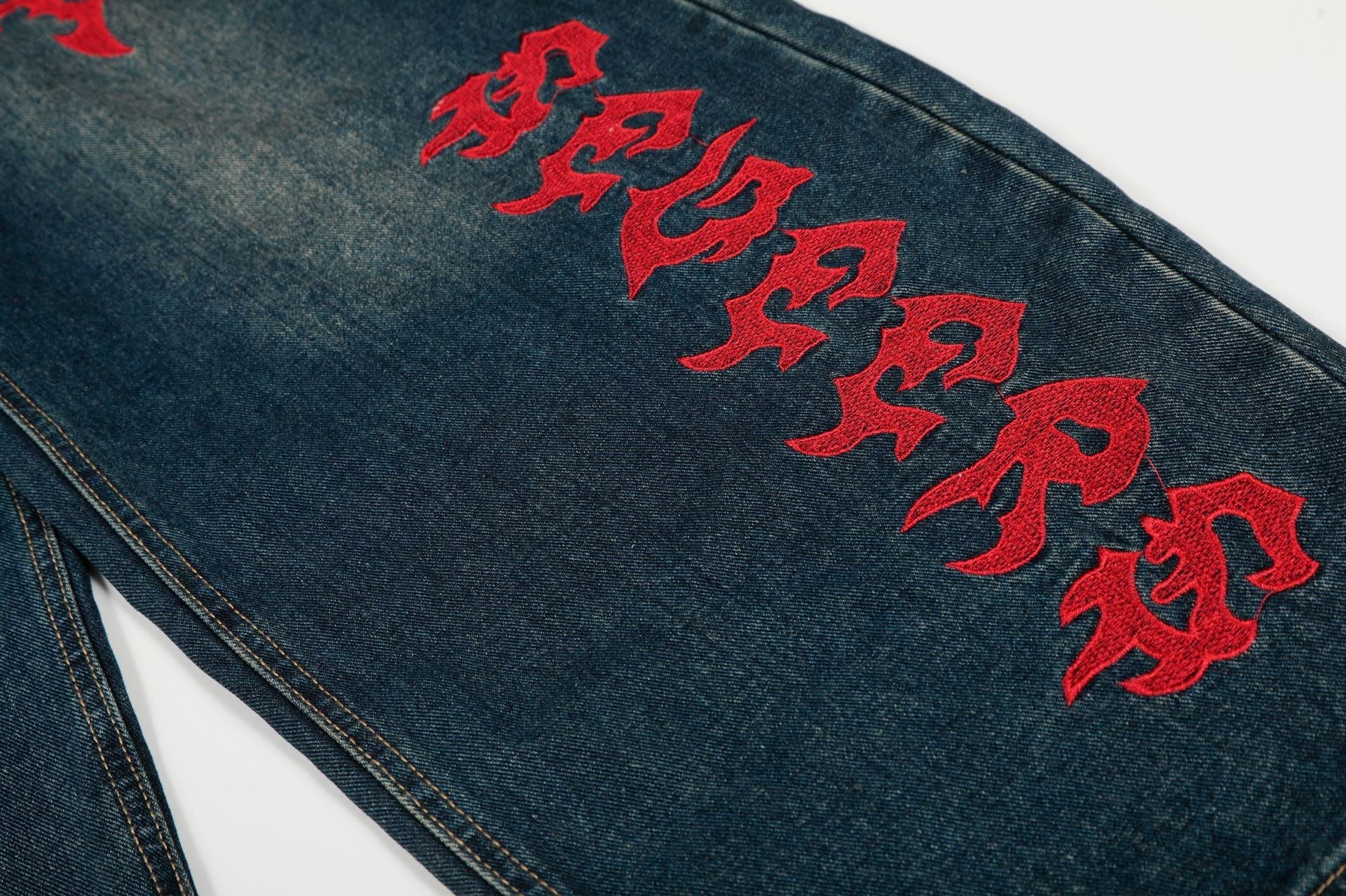 Washed Tribal Print Wide Leg Denim Jeans