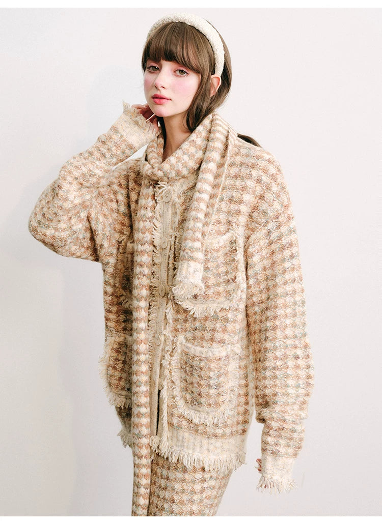 Plaid Button Cardigan & Scarf & Long Skirt Setup