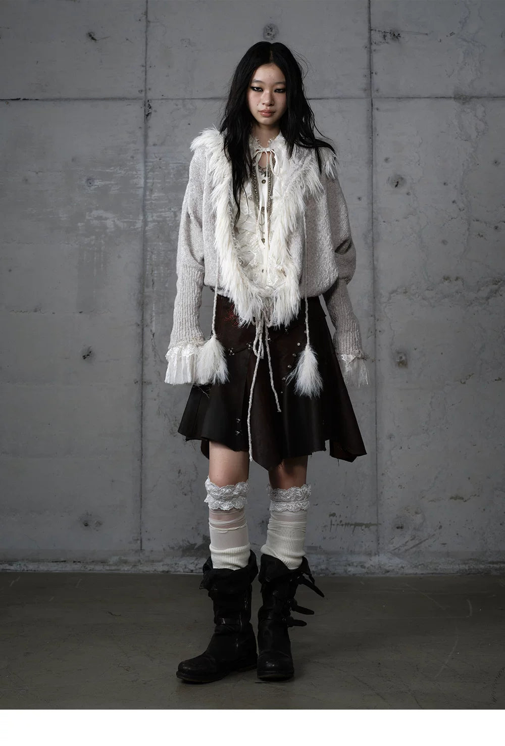 Fake Fur Trim Drawstring Oversize Knit Cardigan