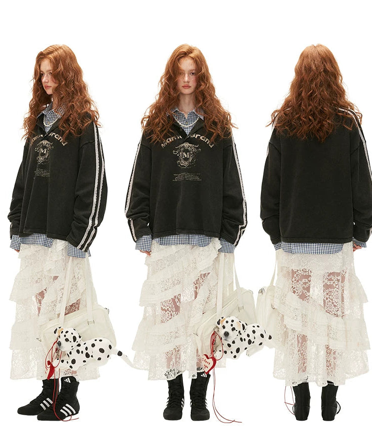 Washed Lace Polo Sweatshirt