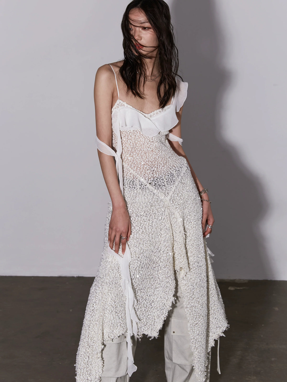 See Through Knit Glitter Strap Shoulder Dress