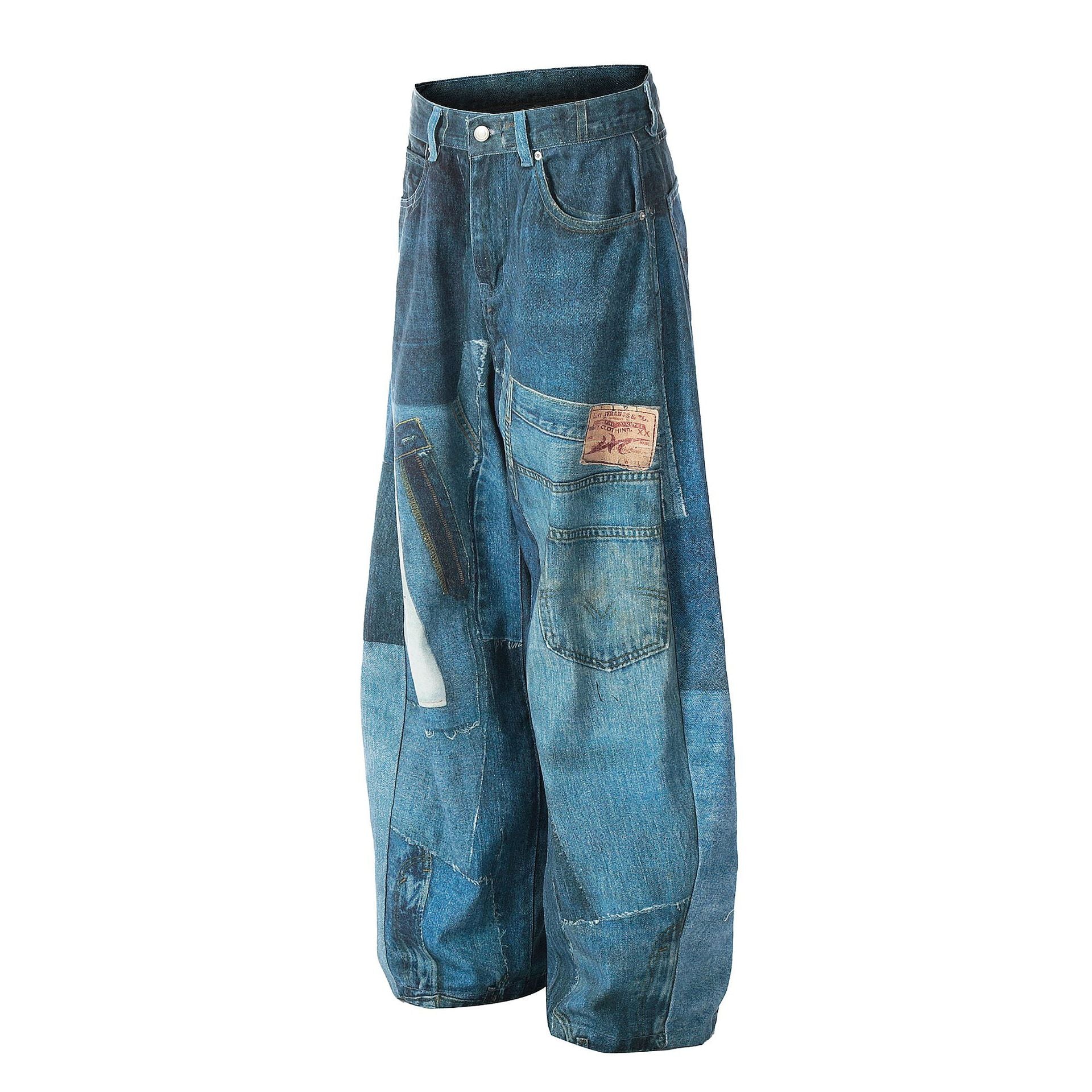 Washed Irregular Print Wide Leg Curved Denim Jeans