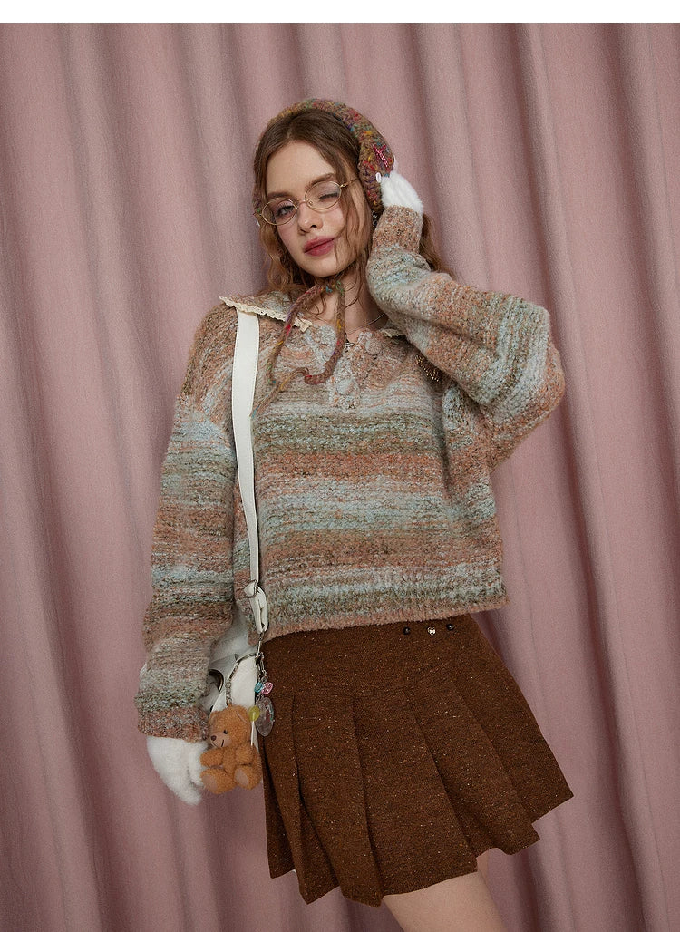 Lace Patchwork Stripe Knit Sweater