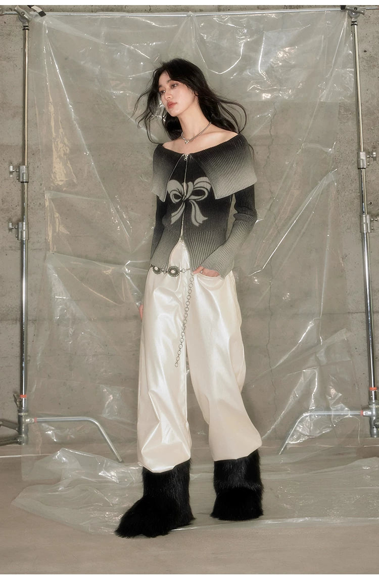 Bow Gradient Print Zipper Knit Sweater