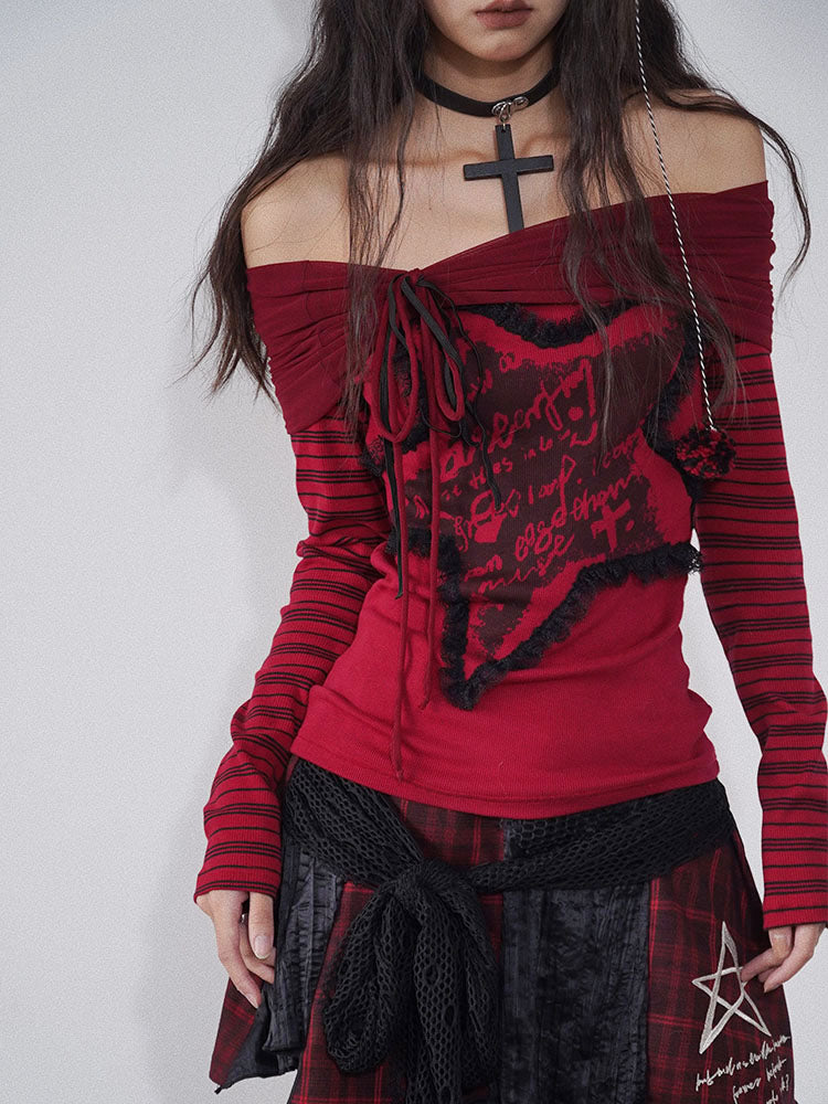 Off-Shoulder Stripe Print Knit Sweater