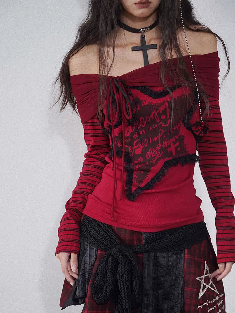 Off-Shoulder Stripe Print Knit Sweater
