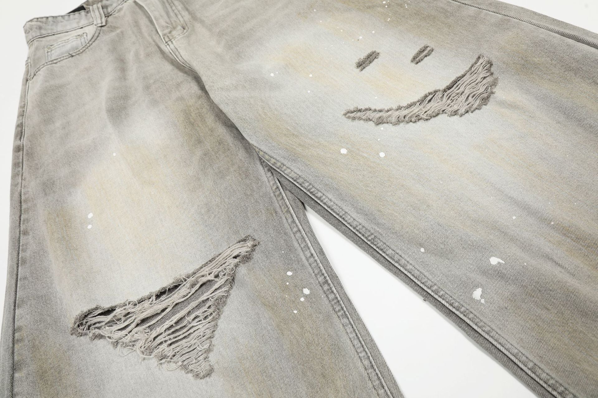 Ink Splash Damage Curved Wide Leg Denim Jeans