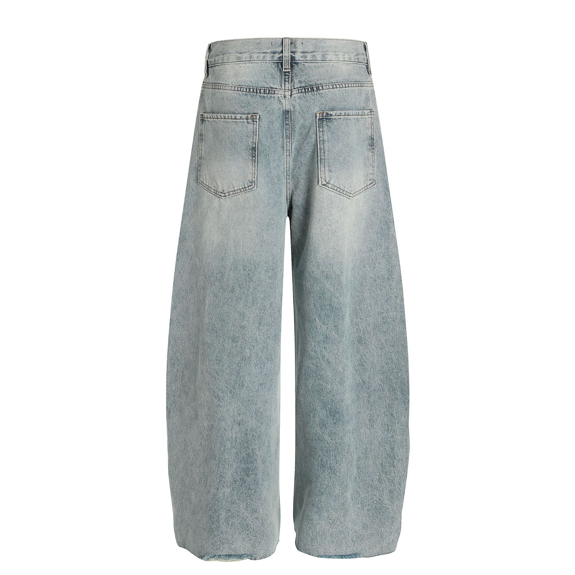 Wash Damage Wide Leg Curved Denim Jeans