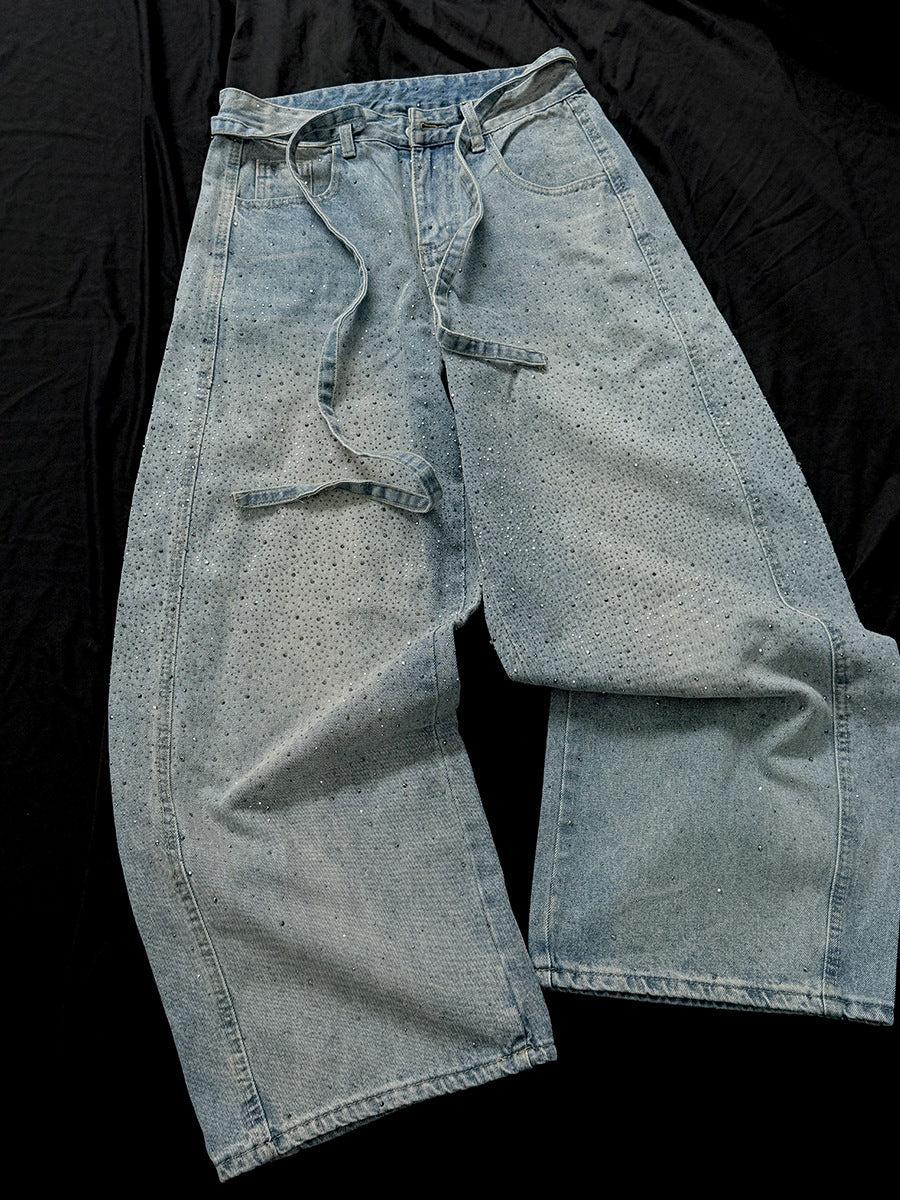 Rhinestone Drawstring Wide Leg Denim Jeans