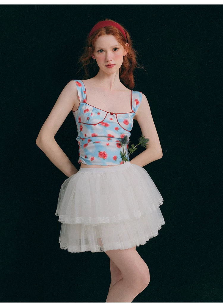 Hand Painted Rose Floral Camisole & Short Skirt Setup